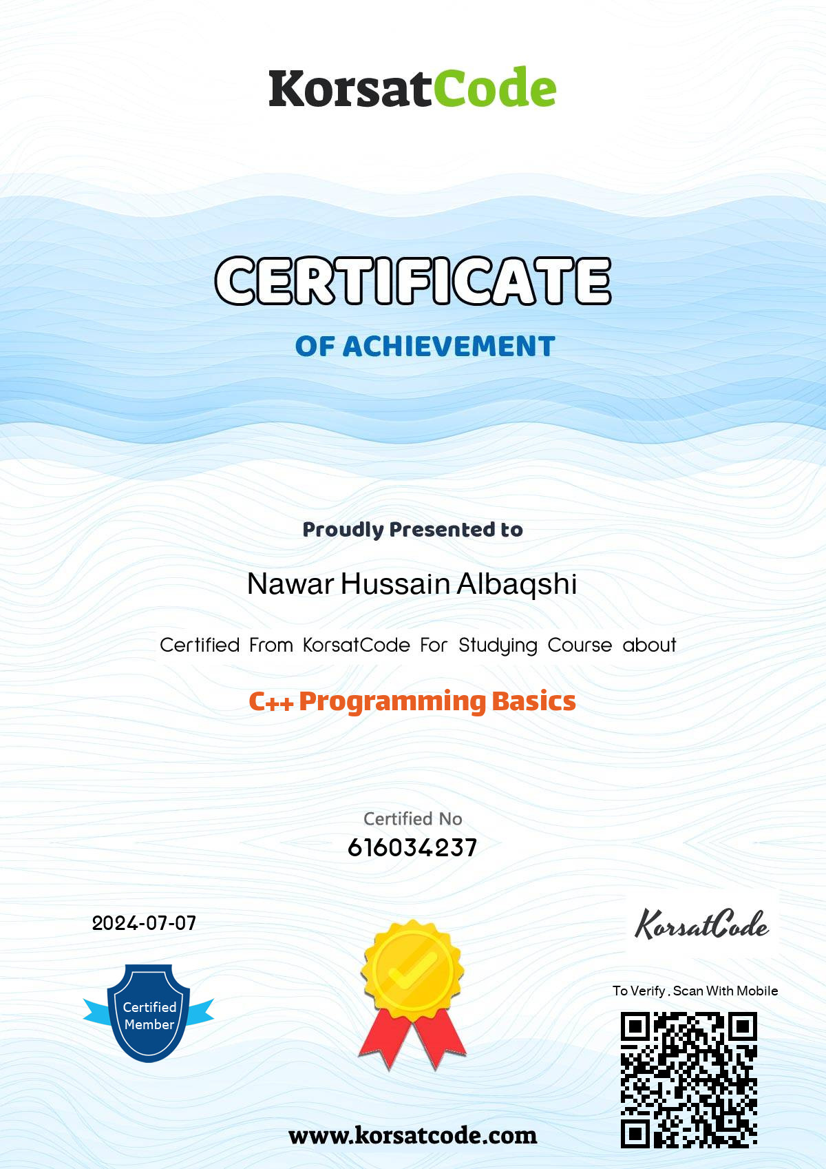 شهادة المتدرب : Naiwaraai عن دورة C++ Programming Basics - كورسات كود